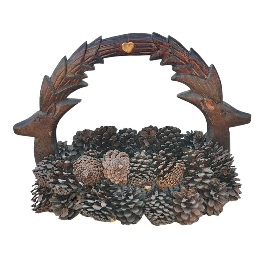Pinecone Basket with Hand-Carved Wooden Deer Handle Dated 1994